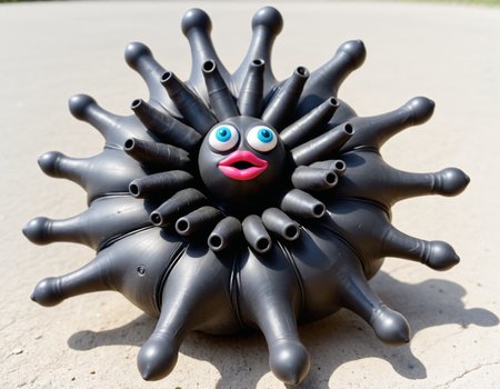 play-doh style <lora:Cockstarz:0.9> spiral blunt tip Cockstarz made of black feathered noodles abandoned on the side of a road . sculpture, clay art, centered composition, Claymation