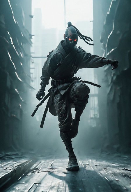 closeup, fight stance, high kick, knee Up, a dark ninja hobo, freak in ugly costume, in a dystopian bladerunner flaired megacity skyscaper shiny floor with huge window to neo tokyo,
very detailed, atmospheric haze, Film grain,  atmospheric lighting,