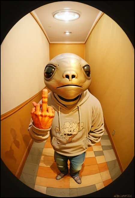 score_9, score_8_up, score_7_up, 1boy, grey hoodie, denim pant, from above, looking at viewer, hallway, middle finger, albinauric_mask, <lora:ryth-albinauric-mask:1>   <lora:f1sh3y3XLP:1> f1sh3y3, black border,