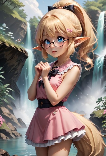 anime art. girl with blonde hair, cute blue eyes, glasses, pointy ears. pink short dress, small boobs, waterfall, fluffy tail