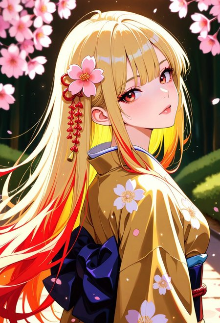 masterpiece, best quality, good quality, very aesthetic, absurdres, newest, 8K, depth of field, focused subject, artist:moriimee, BREAK  intricate linework with expressive contrasts, soft lighting with dynamic highlights, image of a Japanese woman in a silk red and gold kimono, long bioluminescent hair, bangs, sakura flower in her hair, walking along a wooded trail, turning her head to look back at the viewer