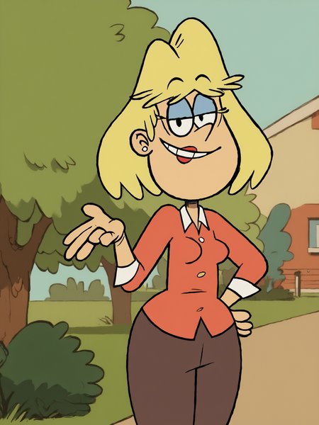 1girl, solo, blonde hair, short hair, earrings, jewelry, rita loud, smile, shirt, pants, style parody, breasts, rita_loud, standing, stud earrings, lipstick, score_9, score_8_up, score_7_up, score_6_up, score_5_up, score_4_up, smile, outdoors, looking at viewer, <lora:RitaLoudPony1.1:1>