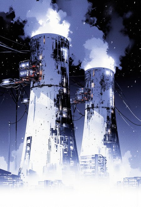 Inkpunk Anime, Abstract digital painting in the style of ck-js, towering white thermal power station towers rise above a white, desolate landscape, fog and steam hanging in the air from the power generated by the power station, lights and circuitry visible on the towers, dark night with snow falling, snowflakes, dark background