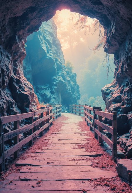Pastel color art, brush stokes, jagged lines,A wodden bridge pathway , inside a cave , sunlight from the top , fantastic lighting,