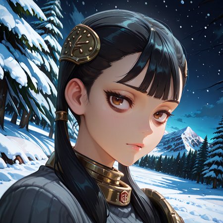 <lora:ChamIllustriousBackgroundEnhancer:0.5>, masterpiece, very aesthetic, absurdres, best quality, amazing quality, high resolution, newest, very awa, scenery,  (looking at viewer),  <lora:spo_sdxl_10ep_4k-data_lora_Illustrious:0.8> <lora:StabilizerIllustrious:0.8> , masterpiece, beautifully drawn, elegantly detailed, solo,  <lora:AsheiIL:0.8> , AshDef, 1girl, black hair, twintails, hair over shoulder, brown eyes, bags under eyes, hair ornament, gorget, grey sweater, ribbed sweater, single pauldron, looking at viewer, exterior, forest, snow, mountains, night, (close-up), portrait, centered, dutch angle,