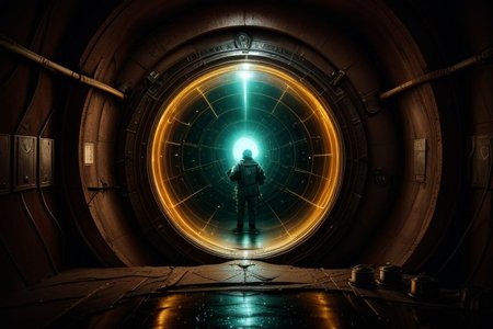 a portal back into 1903, the portal is built in Lawrence Livermore Labs, in a special chamber room monitored by a team of watching scientists.  A man in a hazmat suit approaches the surface of the time portal, where he can see the streets of New York circa 1903, amazing, captivating and amazing moment, 
highly detailed,