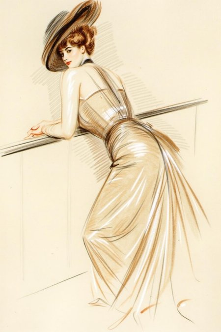 paulcesarhelleu1 illustration. 
Sketch of a woman, her back to the viewer, with a voluptuous figure, wearing a flowing, sleeveless gown in shades of beige and brown.  She is leaning against a rail. She has curly auburn hair, and a wide-brimmed hat perched on her head.
 <lora:paulcesarhelleu1_cap_d6a3e11:1.0><lora:844386615011878475:0>