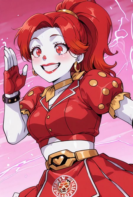 <lora:ilglambab-10:1> glambab, white skin, 1girl, red hair, ponytail, wide smile, earrings, short puffy sleeves, red fingerless gloves, red dress, red lips, midriff, red nose,  ((dynamic pose)), red skirt, <lora:ATRex_style-12:1> TRexStudio, , , anime screencap, anime coloring, score_9, score_8_up, score_7_up, masterpiece, best quality, masterpiece, best quality, amazing quality, very aesthetic, absurdres, newest,