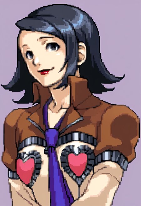 score_9, score_8_up, score_7_up, source_anime, BREAK, solo, 1girl, looking at viewer, smile, <lora:Ace-Attorney-Portraits-pdxl_Fp:1>, portrait, pixel art, simple background, upper body, <lora:zs_MayaXL:1>, mayap2, medium hair, black hair, purple eyes, lipstick, jacket, hearts, blue necktie, skirt, closed mouth,