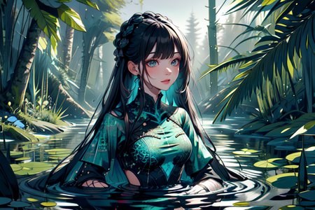 highly insanely detailed, masterpiece, top quality, best quality, highres, 4k, 8k, RAW photo, (very aesthetic, beautiful and aesthetic),  
(code_style,codestyle),(sympattern,geometric pattern),colorful,doodle pattern,vignette,symbolic patterns, 
<lora:CodeStyle (half generic class)_564920:0.8>, 
(1girl:1.3), 1other, 
A mystical swamp with dark waters and thick vegetation,âââ
