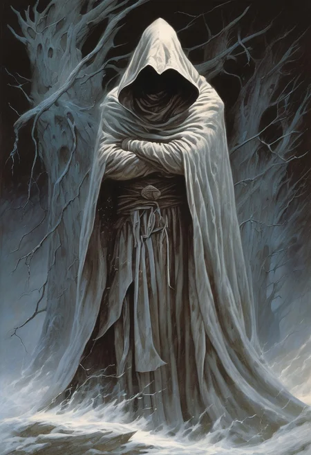 hidden face, mysterious, hooded, full body, dark enigmatic warrior, standing, storm of falling shards, tattered cloak that billows in the wind, art by Wayne Barlowe