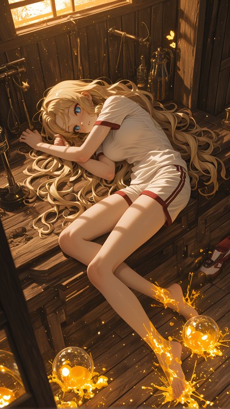 the other bent., ambient occlusion, Yellowish), Lying on your side with one leg extended, wooden floor., best quality, miniature world, gym_shoes, wavy hair, swinging doors, very long hair, masterpiece, nail_polish, Roc (Giant Bird), very aesthetic, medium breasts, absolutely eye-catching, slime_(creature), Incandescent Light (Warm, absurdres, Ash blonde hair, amazing quality, bloomers or track_shorts, ultra-detailed, light skin, t-shirt, Frenda Seivelun (A Certain Scientific Railgun), dusk, HDR, anime character, parted lips, motion_lines:1.1, barefoot, 1girl, cat_girl, motion_blur:1.1, depth of field, Old west saloon interior, newest, covered in tattoos, bar counter, gym_uniform, Splash page, glow, Copper Theme, 8K