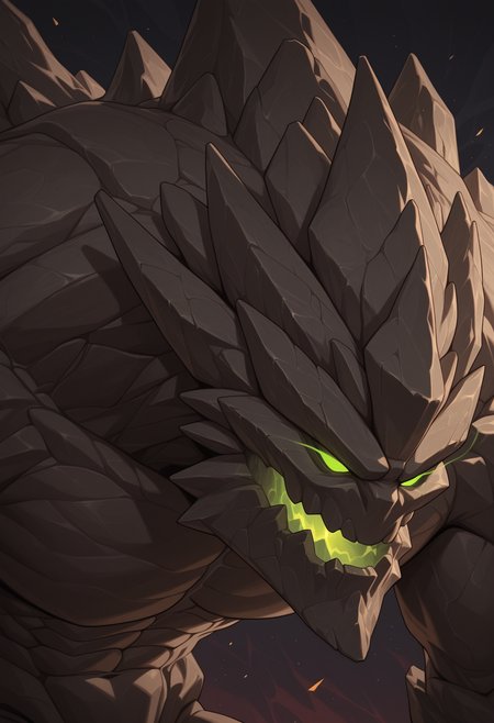 solo, 1boy, male focus, portrait, malphite, monster, green eyes, glowing eyes, no pupils, hunched over, muscular, abstract background, multicolored background,
perfect anatomy, masterpiece, perfect quality, best quality, detailed, newest, very aesthetic <lora:Malphite_LoL_V1_ILXL:0.8500000000000002>