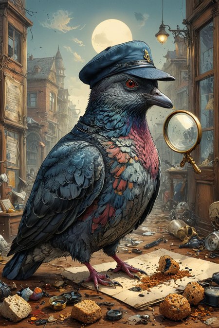 Pigeon in a detective hat, magnifying glass in beak, investigating a "crime scene" with breadcrumbs 
(masterpiece, award winning artwork)
many details, extreme detailed, full of details,
Wide range of colors, high Dynamic
 <lora:xl_more_art-full_v1:0.65> 
 <lora:InkArtXL_1.2:0.8> ink art, line art 
<lora:EldritchMixIllustration_1.0:0.25>
 <lora:xray:0.21>