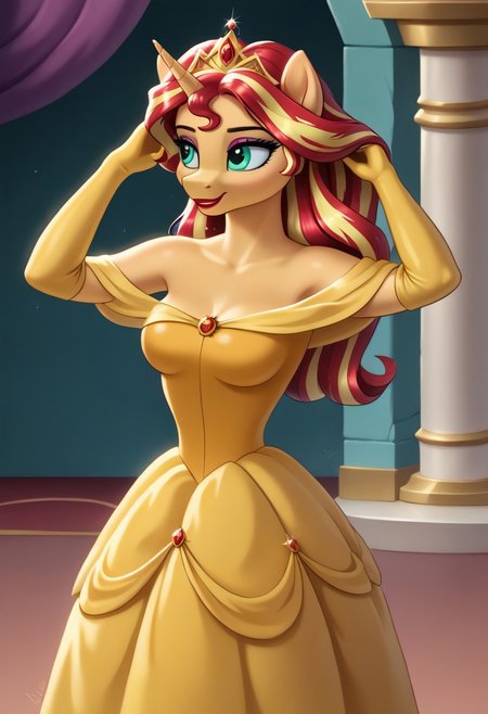 score_9, score_8_up, score_7_up, detailed, 
solo, 1girl, furry, anthro, source_my_little_pony, belle xlp, sunset shimmer, sleek silky skin, regal, large oiled glossy breasts, gravity defying breasts, curvaceous, bright eyes, lithe, extra long Godiva length luscious silky oiled hair, tiara, glossy eyeshadow, glossy red lips, disney's belle style dress, sleek intricate yellow dress, off shoulder, sleeveless, yellow opera gloves, flowing yellow skirt, flirting, sultry smile, walking, hands in hair, bright grand ballroom setting, 
Cowboy shot, from front, 8k resolution, ultra high definition, exquisite detail, realistic,