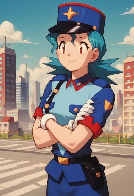 Score_9_up, score_8_up, score_7_up, BREAK, 1girl, oficjennp, teal hair, brown eyes, police uniform, skirt, white gloves, arms crossed, smile, city,