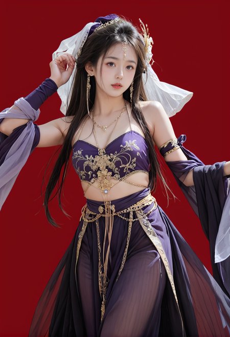 red background,1girl,solo,hair ornament,,ruanyi0757,detached sleeves,jewelry,purple dress,see-through,shawl,veil,<lora:0757 Exotic Priestess_v1_pony:1>, score_9,score_8_up,score_7_up,,8k,1girl,solo,
