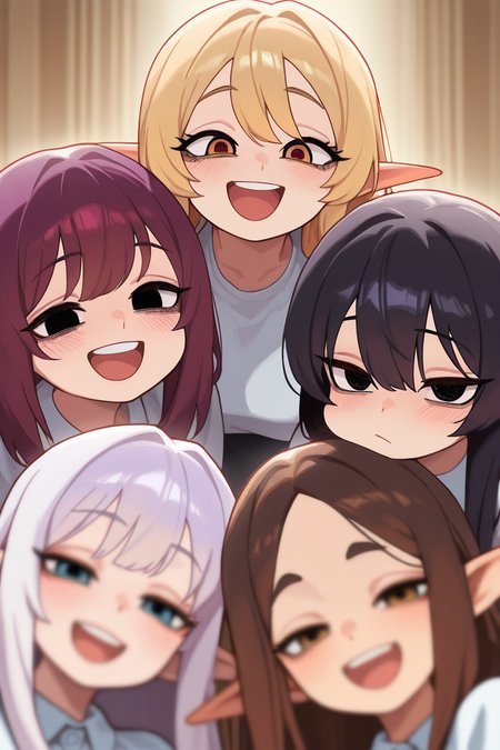 Mevak_PS, masterpiece, best quality, amazing quality, very aesthetic, high resolution, ultra-detailed, extremely detailed eyes, detailed face, absurdres, newest, best illumination, depth of field, complex background, detailed background, family photo, looking at viewer, happy, blurry, angel girl(blonde hair), demon girl(black hair), cat girl(purple hair), elf girl(white hair), gyaru(golden hair), japanese girl(black hair), european girl(red hair), latin girl(brown hair), multiples girls, +8girls, +6girls,