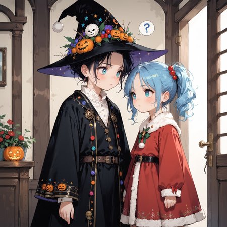 score_9, score_8_up, score_7_up, extremely high resolution, extremely detailed, 4k, source_anime, (((2girls))),looking at each other, girla and girlb, (ultra HD quality details), anime, slightly chibi, BREAK, girla, on the left, black witch costume, black witch hat,confused, tilted head, question mark, BREAK, 
girlb, on the right, santa claus costume, confused, BREAK, (detailed image, high resolution, 5k resolution:1.0), trick or treat, veranda, at the door, holding bags, halloween aesthetics, evening, d4rkpurp