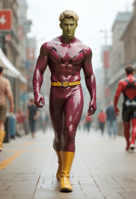 score_9, score_8_up, score_7_up, green face, mature, adult male, colored skin, superhero, latex, short blonde hair male, ((dark pink bodysuit)), dark pink superhero, yellow belt, yellow boots, walking, depth of field, 32k UHD resolution, best quality, high quality, full body