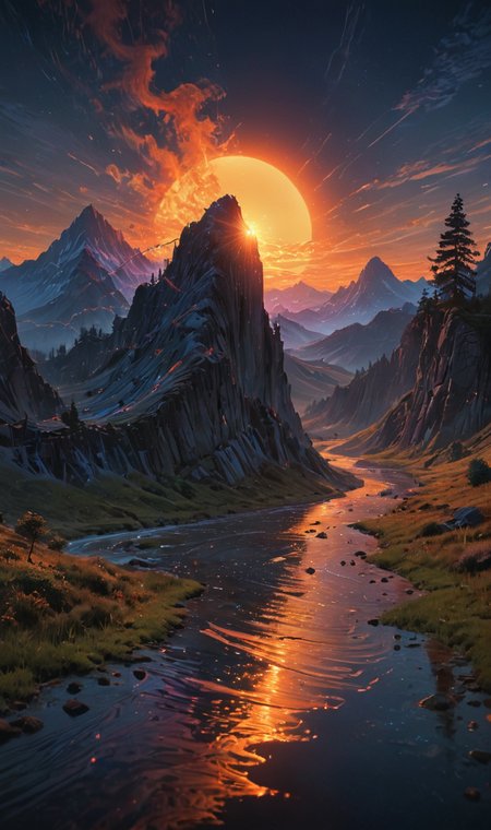 flame of sun descending over the landscape by Jessica Rossier and [Audrey Kawasaki|Tara McPherson] in the style of [Mitch Dobrowner:Kelly Mckernan:0.25],dark blue and orange colors, colorful scribbles, psychedelic art , <lora:add-detail-xl:1.2> ,<lora:ral-hlgrphic-sdxl:1>,ral-hlgrphic,colorpop , <lora:EpicF4nta5yXL:0.6>