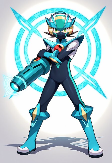 masterpiece,best quality,amazing quality,megaman.exe,x dive armor,helmet,green eyes,weapon,male focus,1boy,bodysuit,arm cannon,blue footwear,armor,standing,covered mouth,black bodysuit,looking at viewer,mask,full body,boots,legs apart,mouth mask,solo,shoulder armor,blue armor,fighting stance,blue bodysuit,holding,gloves,glowing,hand on own arm,<lora:DiVE_Cross:0.9>,