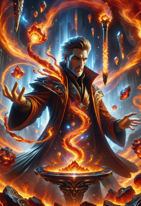 hyper detailed masterpiece, dynamic, awesome quality, a male hologrammancer summoning pneumatic magma DonMM4g1cXL magic, wand <lora:DonMM4g1cXL_v1.2:1>, Perfect Hands,  <lora:Perfect Hands:1>