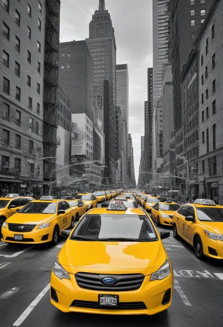 new york city, yellow taxis, (Black and white image, yellow Accent)