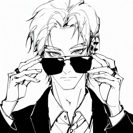 , solo, Monochrom 
1boy, adjusting eyewear, closed mouth, collared shirt, ear piercing, expressionless, greyscale, jacket, jewelry, looking at viewer, looking over eyewear, male focus, monochrome, portrait, ring, shirt, short hair, sketch, solo, sunglasses, white background