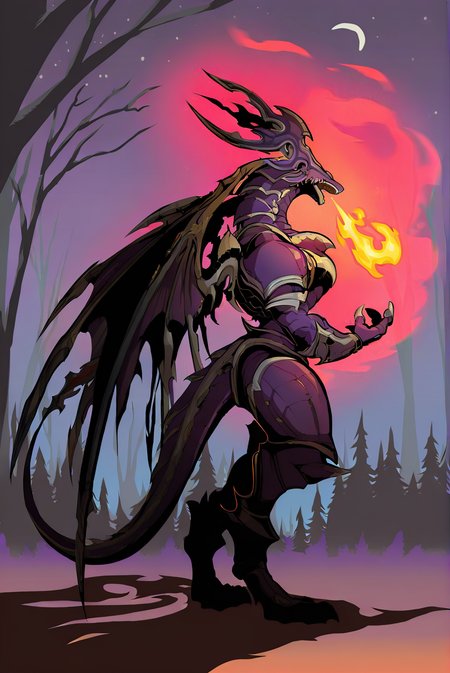 highres, best quality, masterpiece, very aesthetic, newest,solo,dorugoramon,wings,horns,tail,final fantasy, full color,intricate linework,hard shadow,shaded face,full body,vivid detail,gothic,breathing fire,flame aura,outdoors,forest,trees,crescent moon, moon,stars, <lora:DorugoramonIllustrious:1>