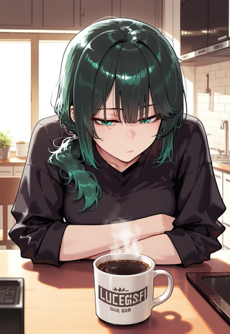 safe_pos, 1girl, solo, medium breasts, young, bangs, low small ponytail, dark emerald hair, emerald eyes, eyebags, sleep deprivation, 

indoors, morning, table, coffee mug focus, coffee mug, kitchen, 

resting head on table, longing, sitting, trying to wake up, tired, black shirt, 

very detailed, masterpiece, 8k, detailed hair, best quality, amazing quality, very awa, absurdres, detailed clothes, 

bad_prompt_version2, negativeXL_D