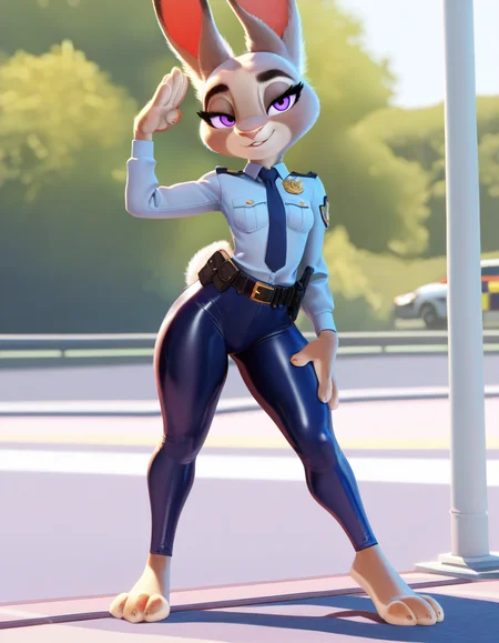 masterpiece, best quality, very aesthetic, absurdres,
outdoors,
full body, barefoot, standing, posing, 
police uniform, policewoman, 
seductive smile, parted lips, long eyelashes,
<lora:Judy-Hopps_v02_NAIXL:1>,
JudyH,1girl,solo,furry female, rabbit girl, rabbit ears, purple eyes, animal nose, body fur, small breasts, two-tone fur, grey fur, white fur, rabbit tail,