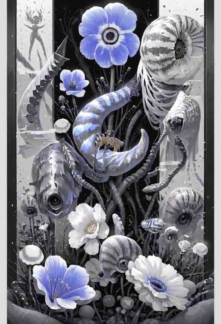 leo-dont-want-to-be-a-painter, tekito midori, minami \(minami373916\),  nihonga, nautilus \(animal\), poppy \(flower\), surreal, revealing layer, depth,[cyberspace], celluloid,masterpiece, high score, great score, absurdres, best quality, very aesthetic, scenery, (vibrant), mysterious, pixel art, (collage background:0.7), no humans, (vibrant:1.1),