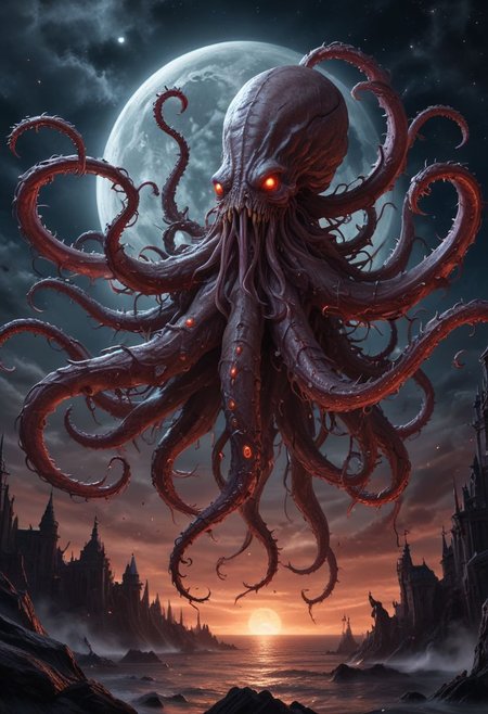 fantasy, horror fantasy, during the lunar eclipse a conjunction of planets unleashes the portals to the underworld releasing barbed tentacled beasts out of the ichor of the night,  lunar eclipse demon tentacles barbs ichor, uhd 8k hyper-realistic intricate detail