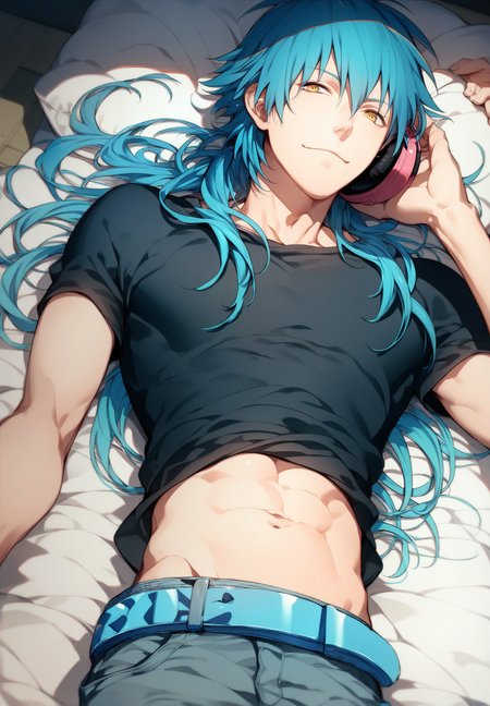 score_9,score_8_up,score_7_up,source_anime,seragaki_aoba,male focus,blue hair,1boy,solo,yellow eyes,long hair,handsome,shinny skin,,headphones,lying,belt,pants,navel,shirt,midriff,light smile,<lora:Seragaki_Aoba:0.9>