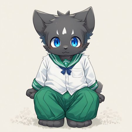 score_9, score_8_up, male, solo, full body, digital art, highly detailed, cat, green trousers, white shirt, look at viewer, school uniform, male school uniform, high school uniform, blue eyes, black fur, black body, furry, kemono, cute, anthro, zPDXL2