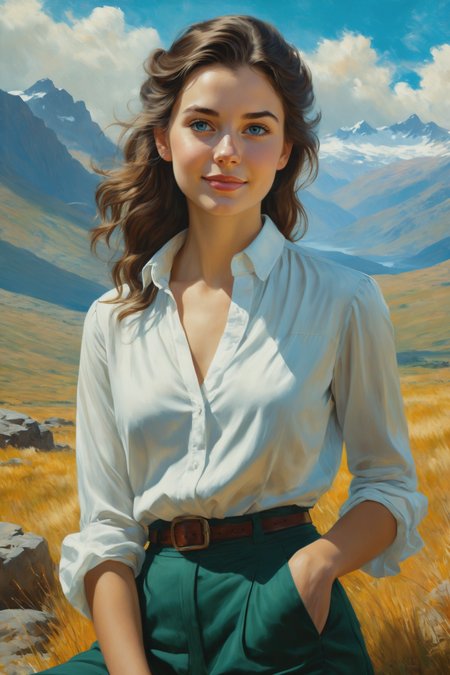 ,8k cinematic , oil painting <lora:oil_painting_envy_anime:0.60> ,  cute fit 18 year old woman, cleavage, clothed, blouse, <lora:clothing_slider:4> <lora:chest_adjust:-4>  ,by Alena Aenami, by Edwin Henry Landseer, by Charlie Bowater,