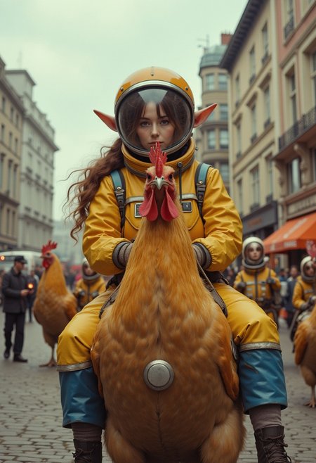 female elf, in her early 30s, hair vents, crossed bangs, riding a gigantic rooster meets tiny space bunnies wearing yellow and blue space suit, with a round helmet with metallic rabbit ears, London, analog raw photo, whimsical masterpiece, cinematic grain