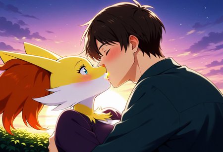 moe, cute,masterpiece, super fine illustration, best quality, light particles, ultra-detailed, 8K wallpaper,romantic,
outdoors, sunset,from_side, looking_at_another, 1boy,1girl,couple, romantic couple,
interspecies,hug,holding partner, ((kissing,kiss,kiss on lips:2.0)),blush,zuppu11,
BREAK,
human,human male, shirt, short hair, blue eyes,surprised, 
BREAK,
furry,furry female,pokemon,pokemon \(creature\), delphox,yellow fur,closed eyes,