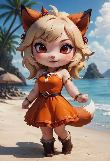 furry fox girl, ((brown fox)), (chibi), 
bad fox, with red big eyes,  beach,
(orange) dress, portrait, long blonde hair,
Hyperrealistic art high-quality portrait flat matte drawing of a cute Nendoroid and cartoon style, anime flat style, thick drawing, medium close-up", (solo:1.2), photorealistic:1.5, 8k, texture skin, realistic skin, detailed skin, highest detailed, extreme detailed, 8k wallpaper, colorful, (dark magic), ring with the stone, (intricate details), (hyperdetailed), 8k hdr, high detailed, lot of details, high quality, soft cinematic light, atmospheric perspective (focus on), color Ink wash painting, Extremely high-resolution details, photographic, realism pushed to extreme, fine texture, incredibly lifelike,