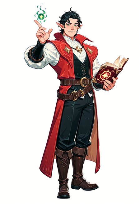 afkJourneyStyle, fantasy, medieval fantasy, fantasy world, simple background, white background, solo, one person, alone,  hdr, high quality, 1man, wizard, adult man, pointy ears, black hair, green eyes, ethereal eyes, stoic expression, white shirt, black vest, black bracales, red coat, leather belt, leather boots, black pants, standing pose, standing posture, holding red grimoire, delicate fingers, delicate features