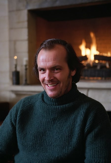 Shin1ng, Jack Torrance, man, evil grin, closeup, fireplace, lounge, Overlook Hotel, indoors, (bright natural light)