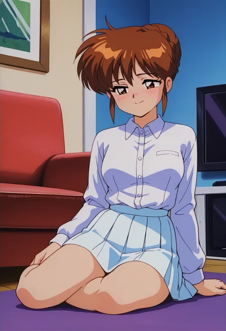 masterpiece, best quality, amazing quality, absurdres, retro artstyle, 1girl, solo, retro artstyle, yayoiww, brown eyes, brown hair, short hair, hair bun, single hair bun, braid, medium breasts, collared shirt, long sleeves, white pleated skirt, <lora:Yayoi_Nageki_no_Kenkou_Yuuryouji_ill:0.9>, sitting, yokozuwari, arm support, (sad smile), closed mouth, blush, indoors, living room, skindentation, detailed clothing folds, depth of field, sharp, high contrast, dynamic light