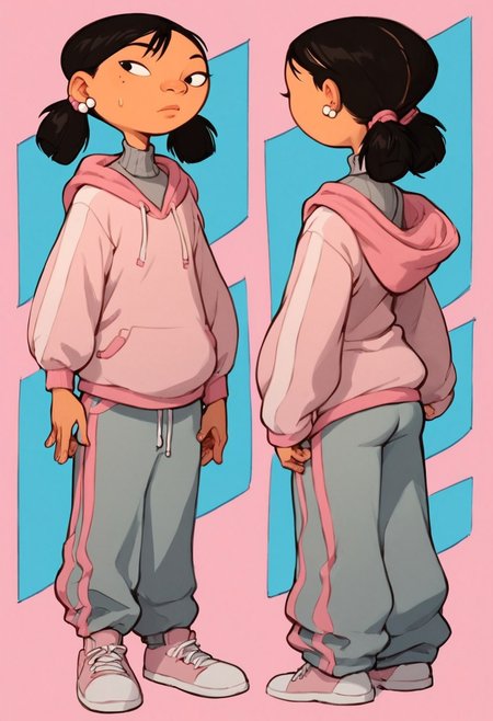 score_9_up, score_8_up, score_7_up, score_6_up,),  (high quality), (high resolution), Expressiveh, (Elaine Pituskin, dark-skinned female, light brown skin, black eyes, black hair,  short twintails, low twintails, pearl earrings, grey turtleneck shirt, pink hoodie, hood down, oversized hoodie, grey sweatpant with pink stripes, white shoes, ass back view), standing, looking at view, upper body, front view,  BREAK, colorful background, pink background, blue background, BREAK, score_9, score_8, score_7,
