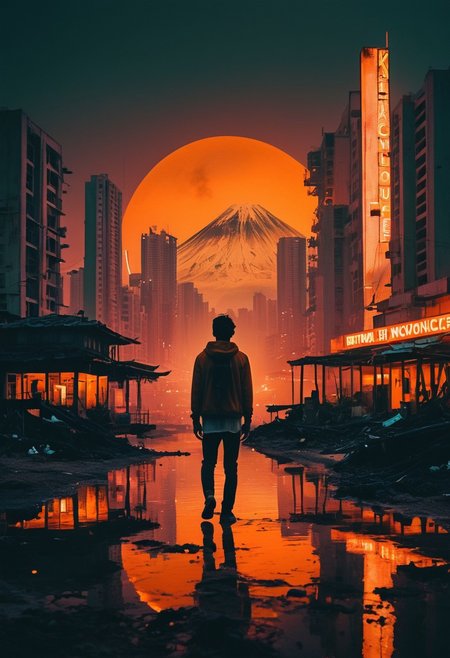 **Analog Film Photo** (Kodachrome, Lomography-inspired) of a **Mixed Media Collage** (à la Januz Miralles), featuring:
* **Ultra-Realistic** depiction of **Malé, Maldives**, transformed into a **Cyberpunk Metropolis**, with **Mt. Fuji-esque** skyscrapers, blending **futuristic architecture** with **natural landscape**.
* **Wizardcore**-inspired, handsome young man, with a **mischievous glint**, casting a spell amidst:
	+ **Whimsical, Neon-Lit** cityscape (nighttime scene with cinematic lighting).
	+ **Intricate, Abstract Geometric Gradients** (rich orange colors, stunning background).
	+ **Dark, Moody** atmosphere, with a **mesmerizing blend of light and shadow**.
* **Masterpiece** qualities:
	+ **Highly Detailed**, **Photorealistic Textures**.
	+ **Film Grain**, **Vignette**, **Vintage** aesthetic.
	+ **Absurdres**, **Faded Film**, **Desaturated** elements, enhancing the surreal experience.
	+ **Centered Composition**, with a **paint smudge** on a simple background, adding a touch of **Stripcore** whimsy.