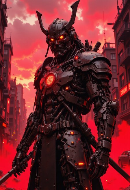 CAICO, detailed photorealistic image, a_skynet_cyberdyne_craft, the image is featuring a cyberdyne cyberpunk samurai robot, with samurai helemt, glowing red eyes, shiny tungsten armour, adorned with intricate, metallic details, including bolts, wires, and mechanical components, giving it a highly advanced, industrial military look, holding a katana, standing on a smoky city street with ruins. The sky is an ominous red, with stormy clouds, sunset