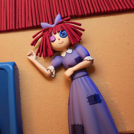 sleeping, d_ll, 1girl,rag-doll, red yarn-like hair, flat orange triangular nose, blue button eye and black pupil in actual eye, purple bow in hair, purple dress with darker patches, white undershirt