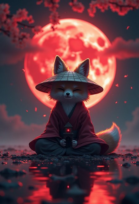 style by Petros Afshar,best quality,high resolution,realistic,8k,dynamic angle,serene,extremely detailed,absurdres particle effect,wonderful night dreamlike glowing masterpiece, celestial,detailed,realistic, clouds, Capturing serenity amidst boundless solitude: a powerful image of a fluffy ninja fox draped in flowing feudal garb, with its eyes closed, large sedge-hat, meditating in lotus position upon an endless, sunless expanse,  JAPAN atmosphere, water reflection, insane glowing ,image concept art,phenomenal sakura blooming mesmerise,maximalist petal Bioluminescence majestic foliage detailed celestial,sightseeing,fantasy colorful-forestside ultrarealistic fairy,mossy, skytop realistic garden, huge detailed, red moon, big moon, Cyborg Samurai