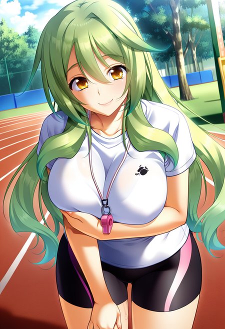 masterpiece, best quality, amazing quality,kaho ootani, yellow eyes, green hair, long hair, mature female, 1girl, solo, breasts,black bike shorts, large breasts,whistle, short sleeves, white t-shirt,,closed mouth, smile, standing, looking at viewer, cowboy shot, thighs, outdoors, track and field, tree, gras<lora:kaho ootaniV1:1>