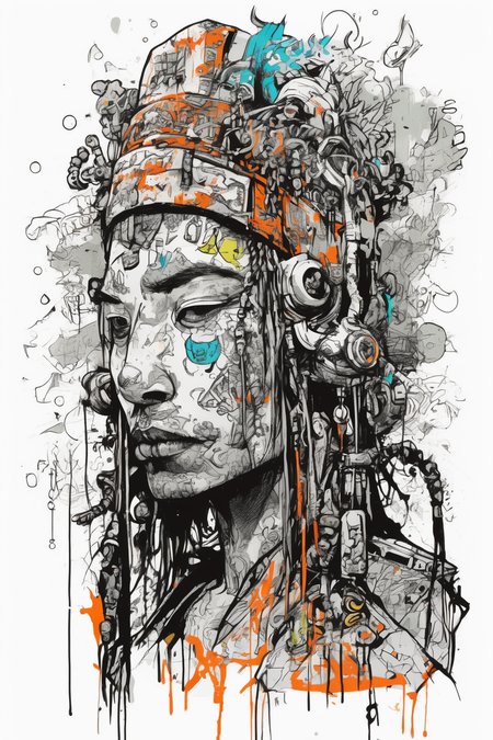 Jim Mahfood Style - Mystical post-cyberpunk shaman Graffiti, t-Shirt Design, white background
